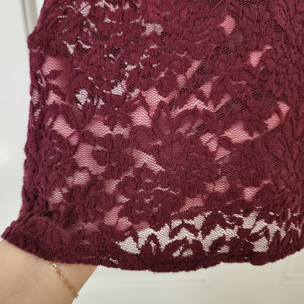 Lace Sheer Top Stretchy Whimsigoth Short Sleeve Maroon Burgundy Oxblood Pretty - Picture 8 of 14
